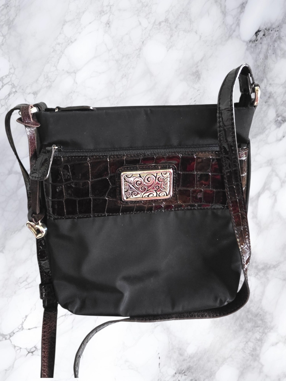 Brighton Black Nylon Croc Embossed Leather Trim Crossbody Bag Silver Accents